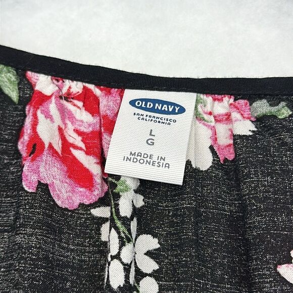 Old Navy Black Pink Floral Blouse Women’s Large Flowy Long Sleeve - Picture 4 of 8